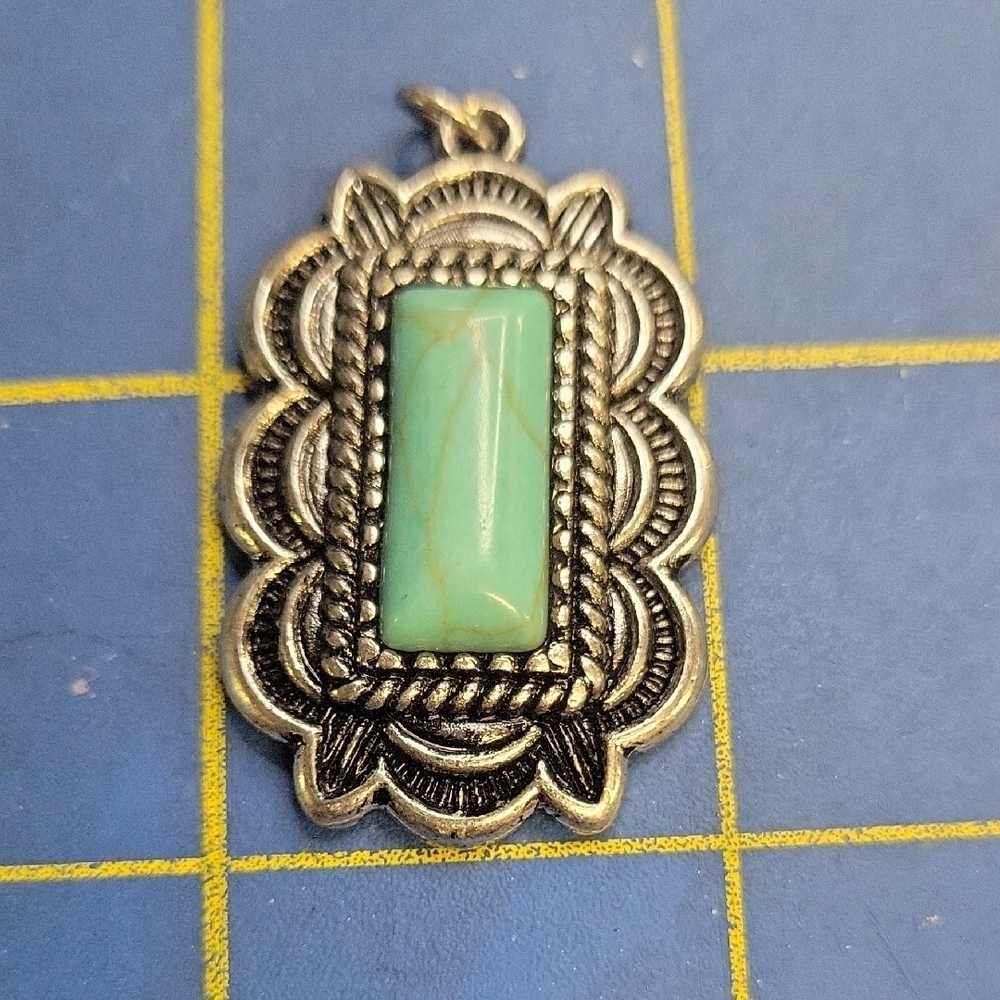 Turquoise Faux Silver Tone 1.5" Pendant